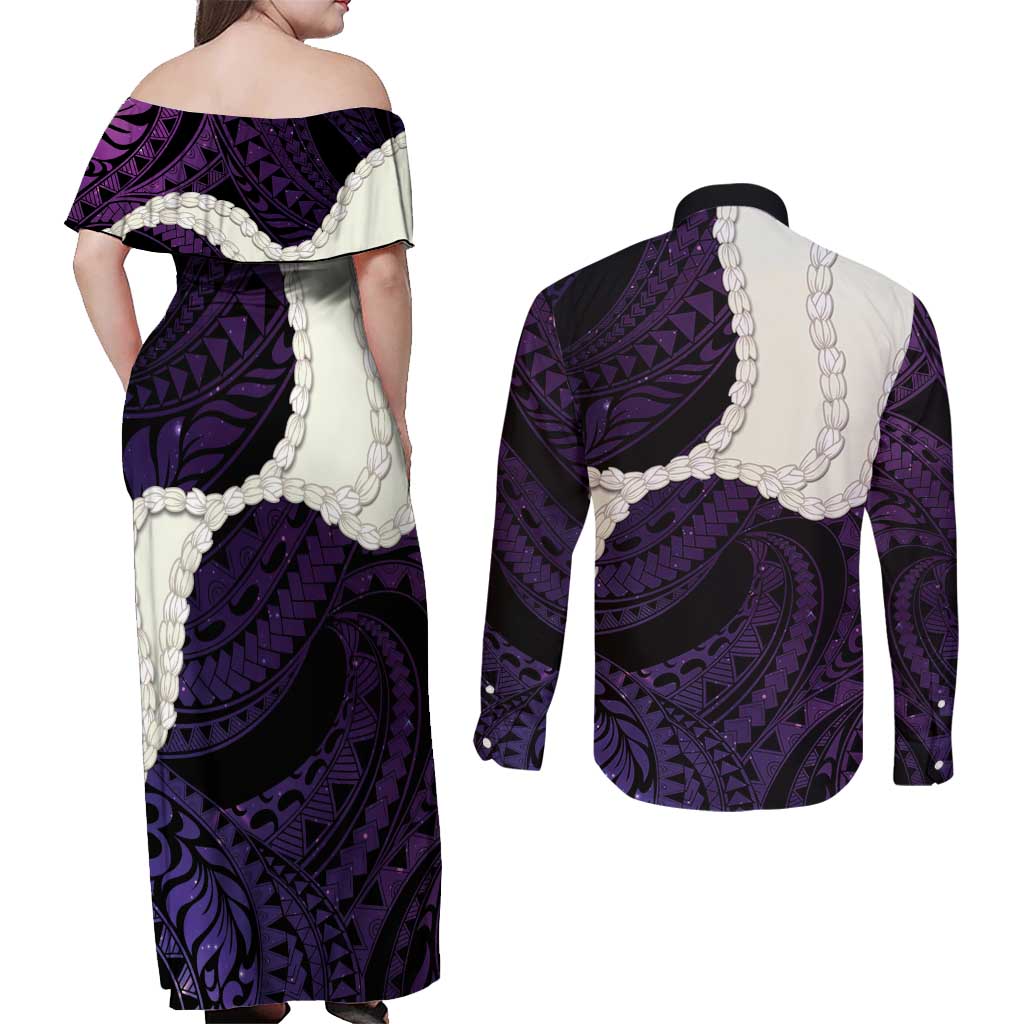 Purple Galaxy Polynesia Tribal Octopus Tattoo Couples Matching Off Shoulder Maxi Dress and Long Sleeve Button Shirt Pikake Lei Polynesian Pattern LT14 - Polynesian Pride