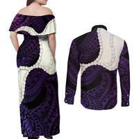 Purple Galaxy Polynesia Tribal Octopus Tattoo Couples Matching Off Shoulder Maxi Dress and Long Sleeve Button Shirt Pikake Lei Polynesian Pattern LT14 - Polynesian Pride