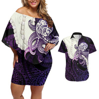 Purple Galaxy Polynesia Tribal Octopus Tattoo Couples Matching Off Shoulder Short Dress and Hawaiian Shirt Pikake Lei Polynesian Pattern LT14 Purple - Polynesian Pride