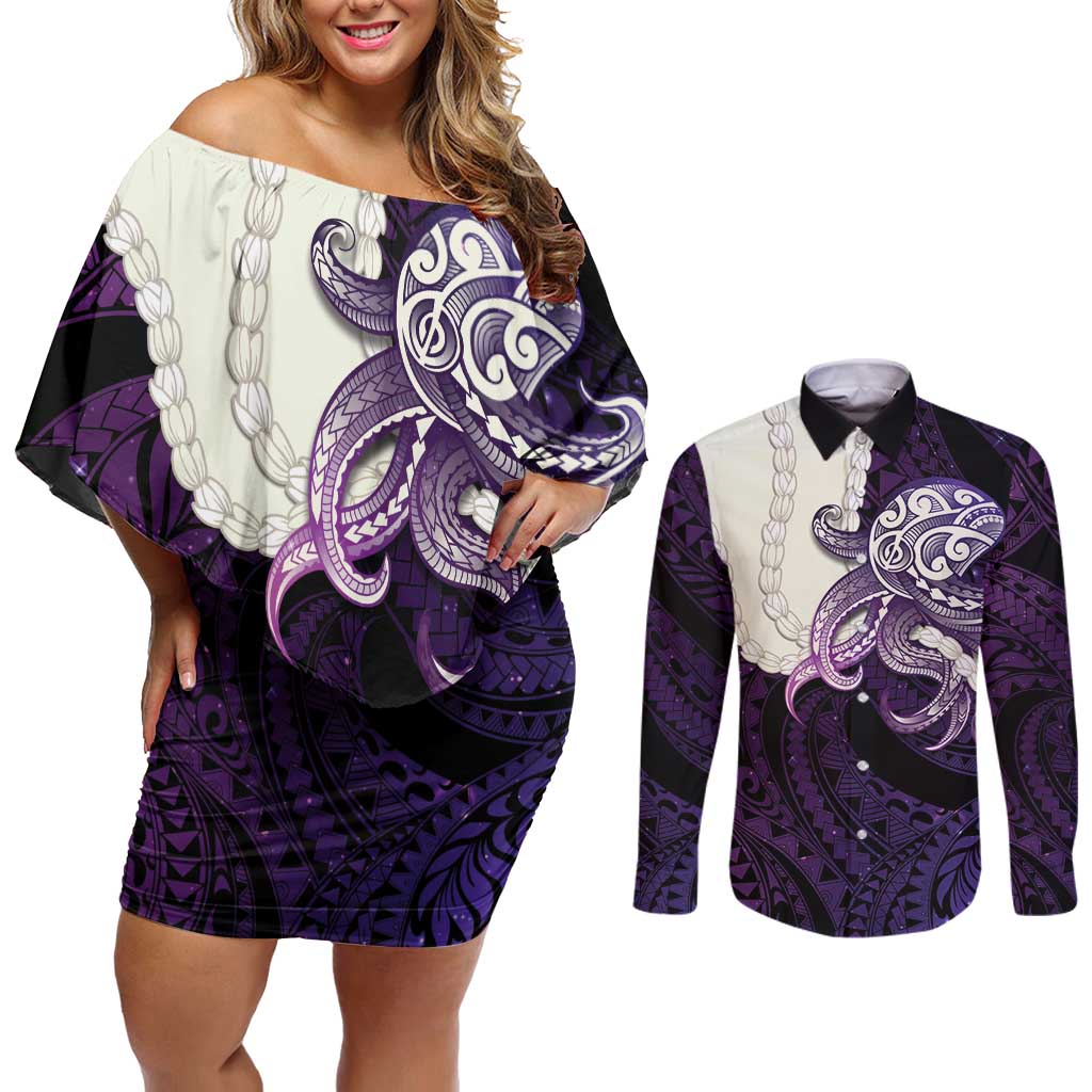 Purple Galaxy Polynesia Tribal Octopus Tattoo Couples Matching Off Shoulder Short Dress and Long Sleeve Button Shirt Pikake Lei Polynesian Pattern LT14 Purple - Polynesian Pride