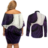 Purple Galaxy Polynesia Tribal Octopus Tattoo Couples Matching Off Shoulder Short Dress and Long Sleeve Button Shirt Pikake Lei Polynesian Pattern LT14 - Polynesian Pride