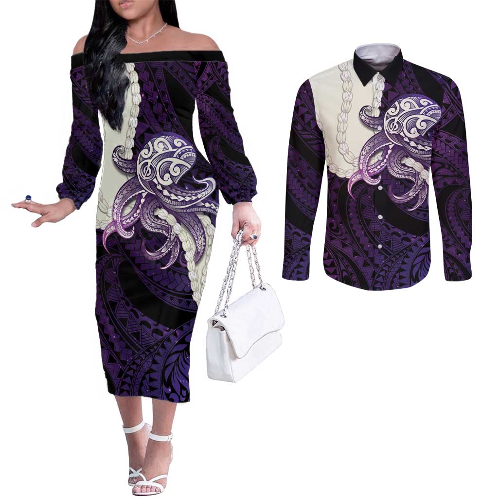 Purple Galaxy Polynesia Tribal Octopus Tattoo Couples Matching Off The Shoulder Long Sleeve Dress and Long Sleeve Button Shirt Pikake Lei Polynesian Pattern LT14 Purple - Polynesian Pride