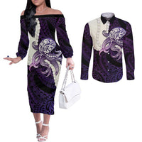 Purple Galaxy Polynesia Tribal Octopus Tattoo Couples Matching Off The Shoulder Long Sleeve Dress and Long Sleeve Button Shirt Pikake Lei Polynesian Pattern LT14 Purple - Polynesian Pride