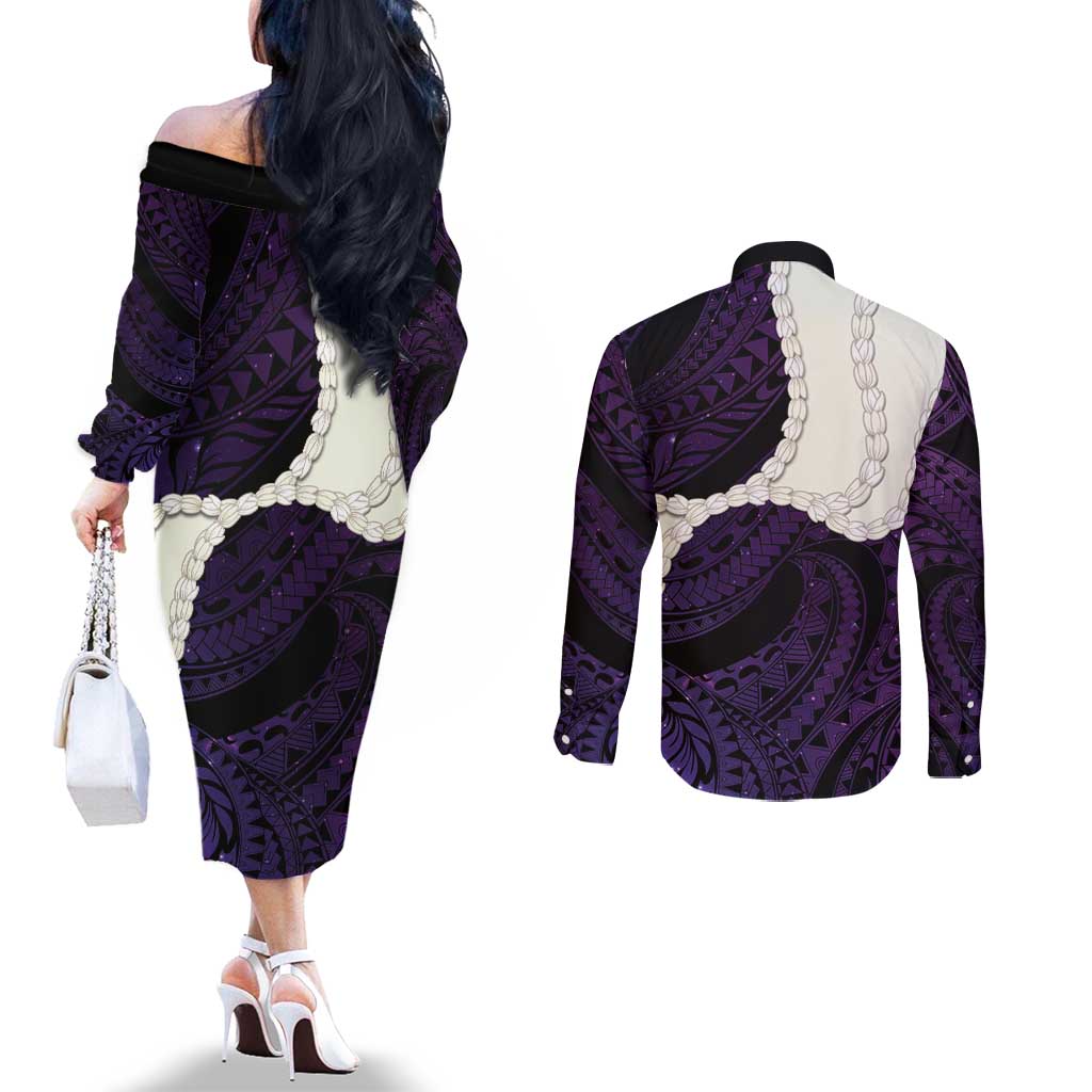 Purple Galaxy Polynesia Tribal Octopus Tattoo Couples Matching Off The Shoulder Long Sleeve Dress and Long Sleeve Button Shirt Pikake Lei Polynesian Pattern LT14 - Polynesian Pride