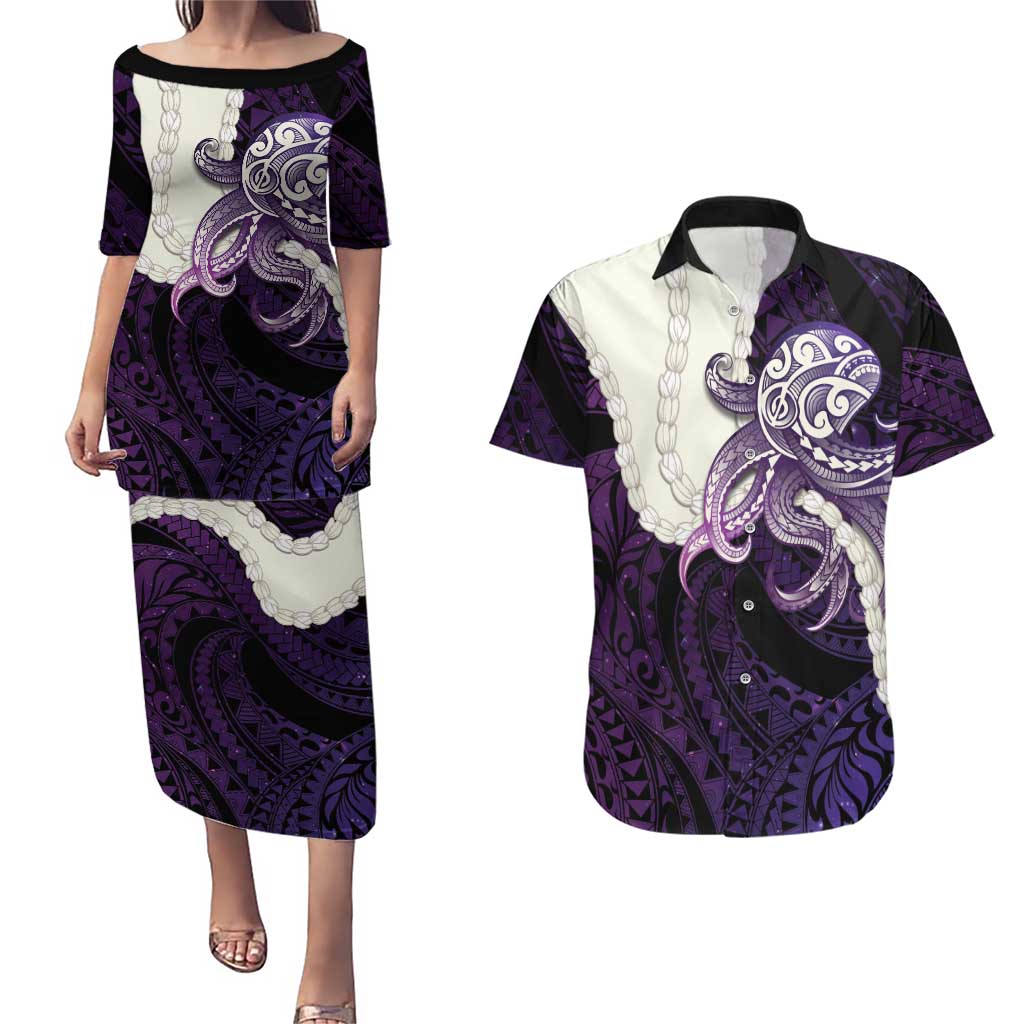 Purple Galaxy Polynesia Tribal Octopus Tattoo Couples Matching Puletasi and Hawaiian Shirt Pikake Lei Polynesian Pattern LT14 Purple - Polynesian Pride