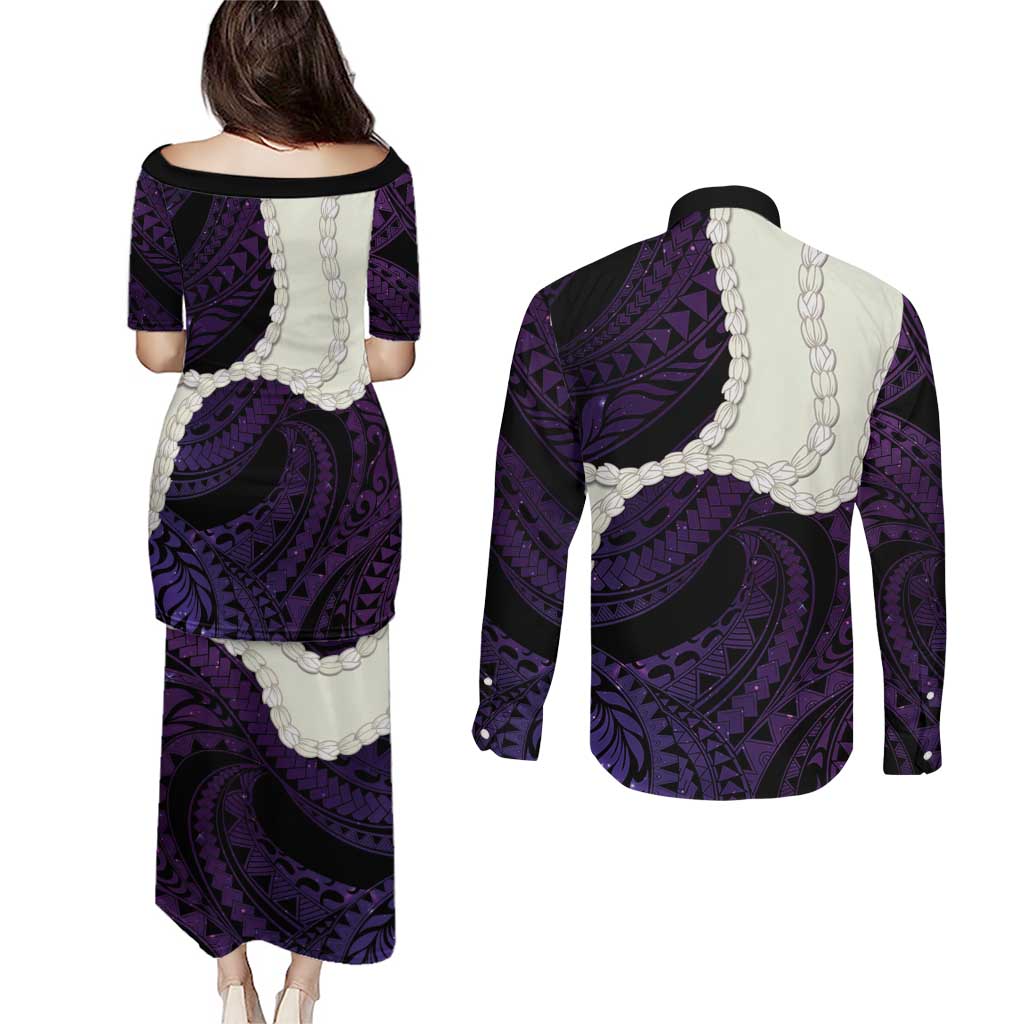Purple Galaxy Polynesia Tribal Octopus Tattoo Couples Matching Puletasi and Long Sleeve Button Shirt Pikake Lei Polynesian Pattern LT14 - Polynesian Pride