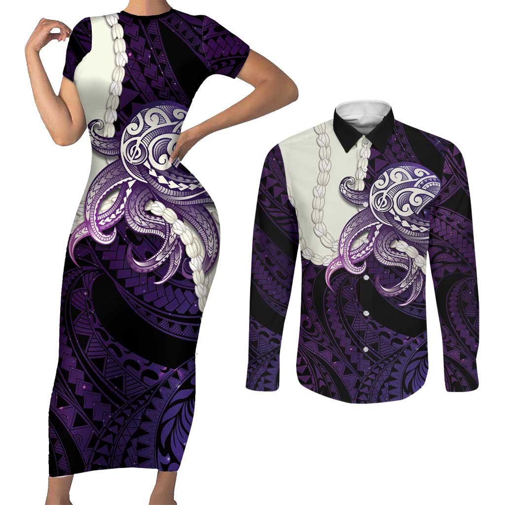 Purple Galaxy Polynesia Tribal Octopus Tattoo Couples Matching Short Sleeve Bodycon Dress and Long Sleeve Button Shirt Pikake Lei Polynesian Pattern LT14 Purple - Polynesian Pride