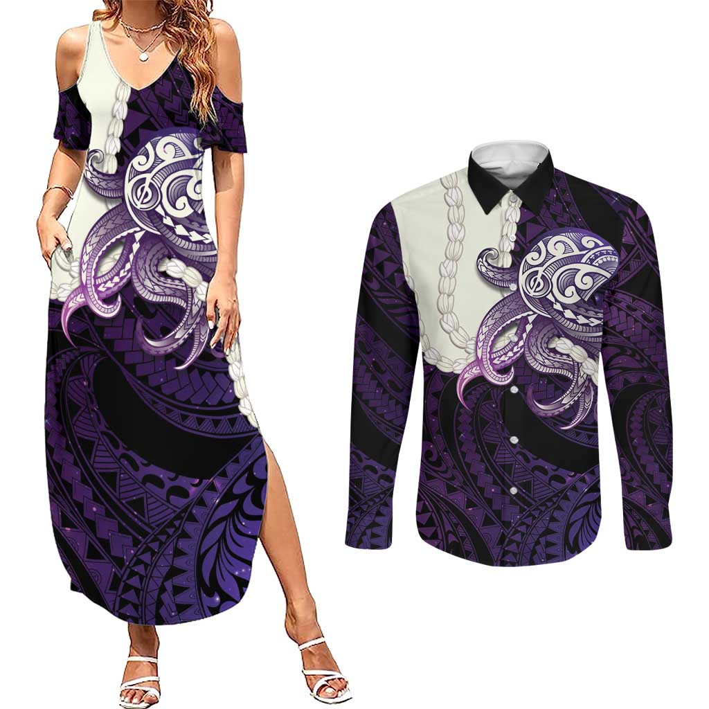 Purple Galaxy Polynesia Tribal Octopus Tattoo Couples Matching Summer Maxi Dress and Long Sleeve Button Shirt Pikake Lei Polynesian Pattern LT14 Purple - Polynesian Pride
