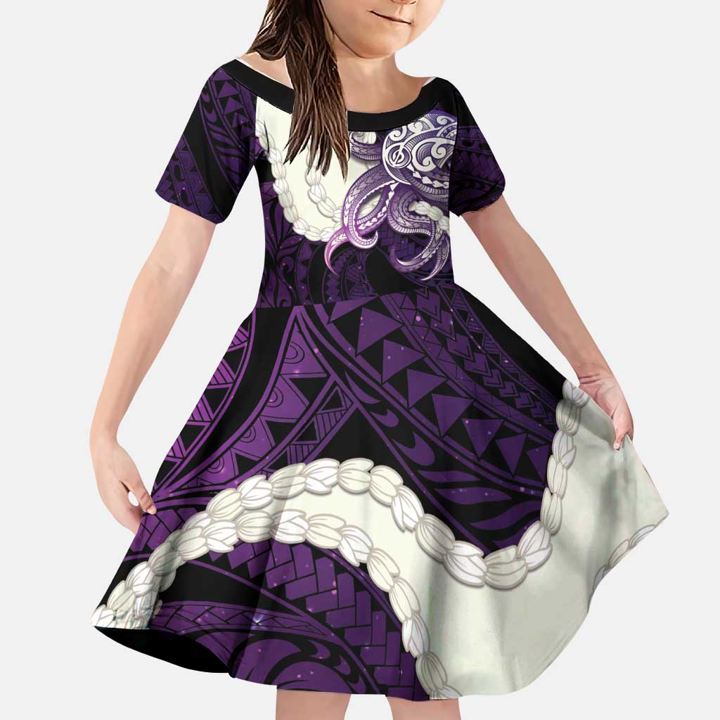 Purple Galaxy Polynesia Tribal Octopus Tattoo Family Matching Long Sleeve Bodycon Dress and Hawaiian Shirt Pikake Lei Polynesian Pattern
