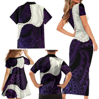 Purple Galaxy Polynesia Tribal Octopus Tattoo Family Matching Short Sleeve Bodycon Dress and Hawaiian Shirt Pikake Lei Polynesian Pattern