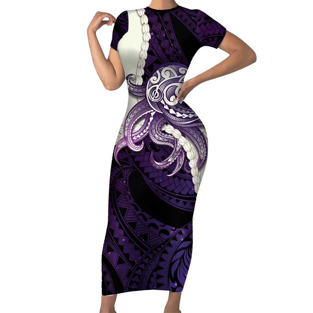 Purple Galaxy Polynesia Tribal Octopus Tattoo Family Matching Short Sleeve Bodycon Dress and Hawaiian Shirt Pikake Lei Polynesian Pattern