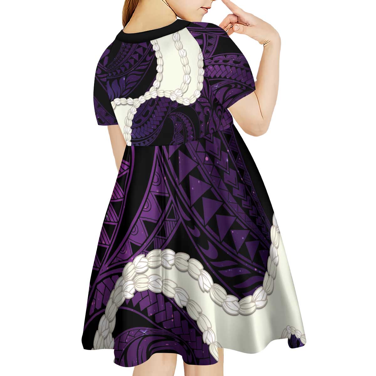 Purple Galaxy Polynesia Tribal Octopus Tattoo Kid Short Sleeve Dress Pikake Lei Polynesian Pattern LT14 - Polynesian Pride