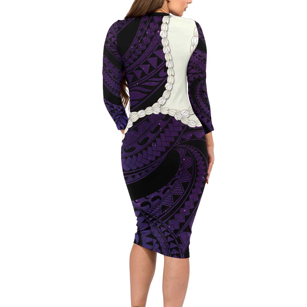 Purple Galaxy Polynesia Tribal Octopus Tattoo Long Sleeve Bodycon Dress Pikake Lei Polynesian Pattern LT14 - Polynesian Pride