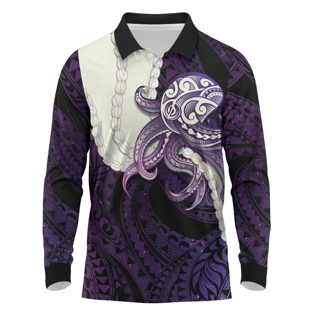 Purple Galaxy Polynesia Tribal Octopus Tattoo Long Sleeve Polo Shirt Pikake Lei Polynesian Pattern LT14 Purple - Polynesian Pride