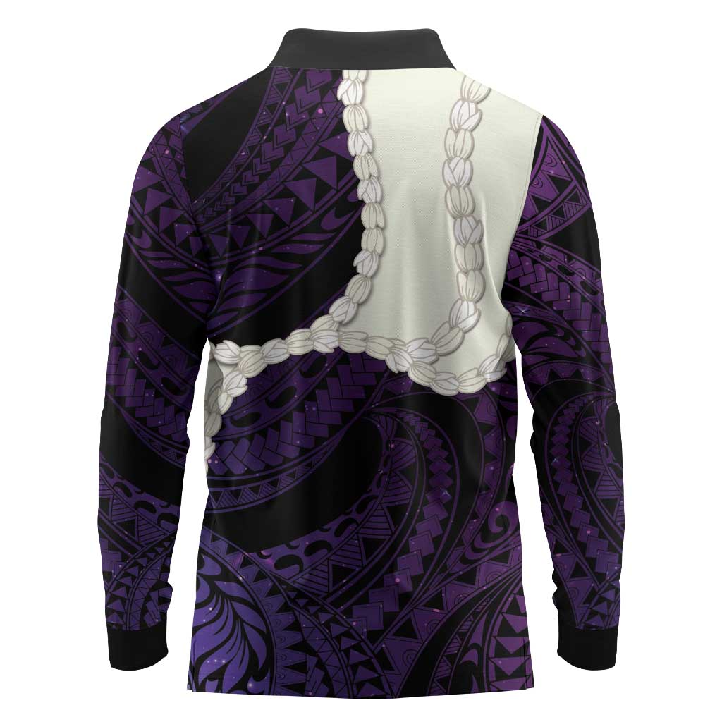 Purple Galaxy Polynesia Tribal Octopus Tattoo Long Sleeve Polo Shirt Pikake Lei Polynesian Pattern LT14 - Polynesian Pride