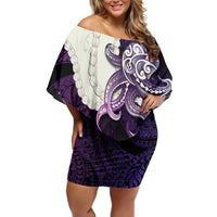 Purple Galaxy Polynesia Tribal Octopus Tattoo Off Shoulder Short Dress Pikake Lei Polynesian Pattern