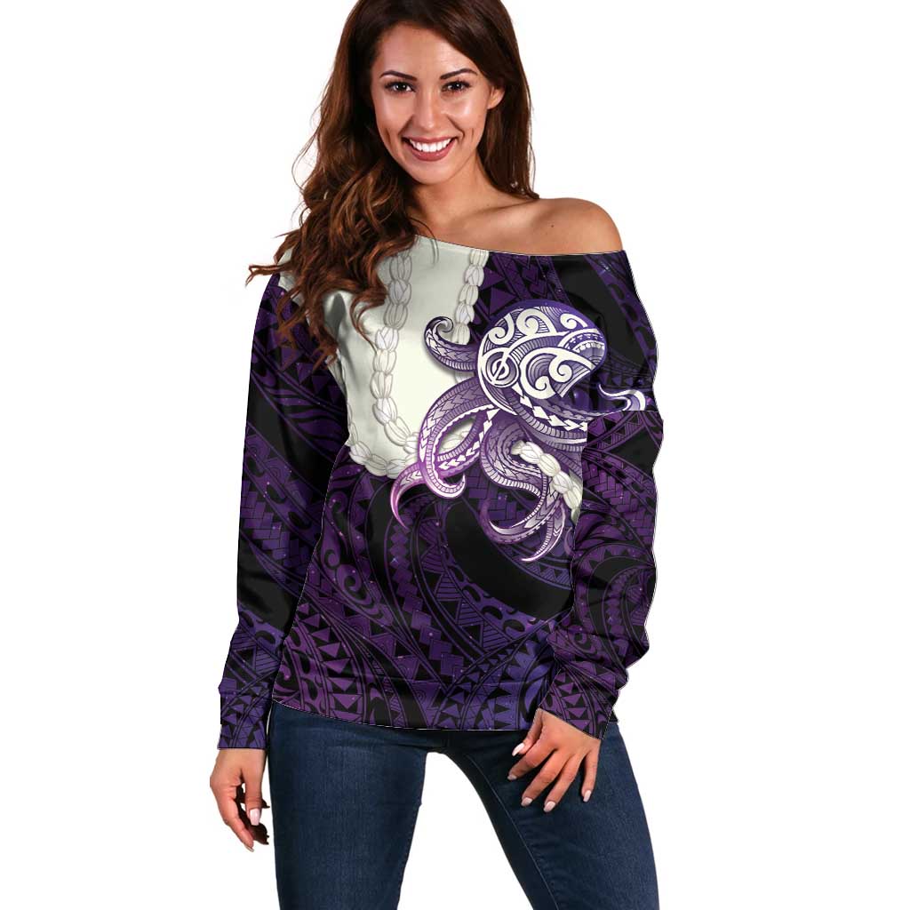 Purple Galaxy Polynesia Tribal Octopus Tattoo Off Shoulder Sweater Pikake Lei Polynesian Pattern LT14 Women Purple - Polynesian Pride