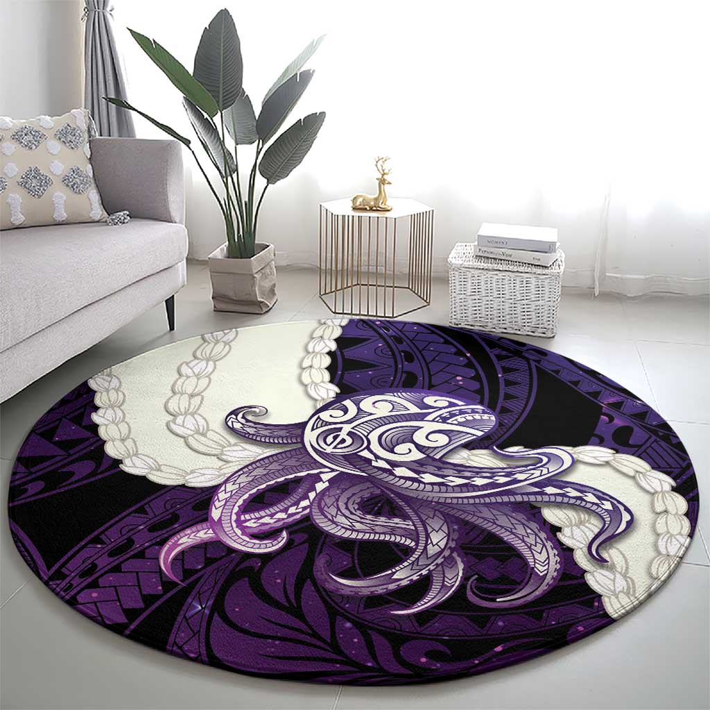 Purple Galaxy Polynesia Tribal Octopus Tattoo Round Carpet Pikake Lei Polynesian Pattern