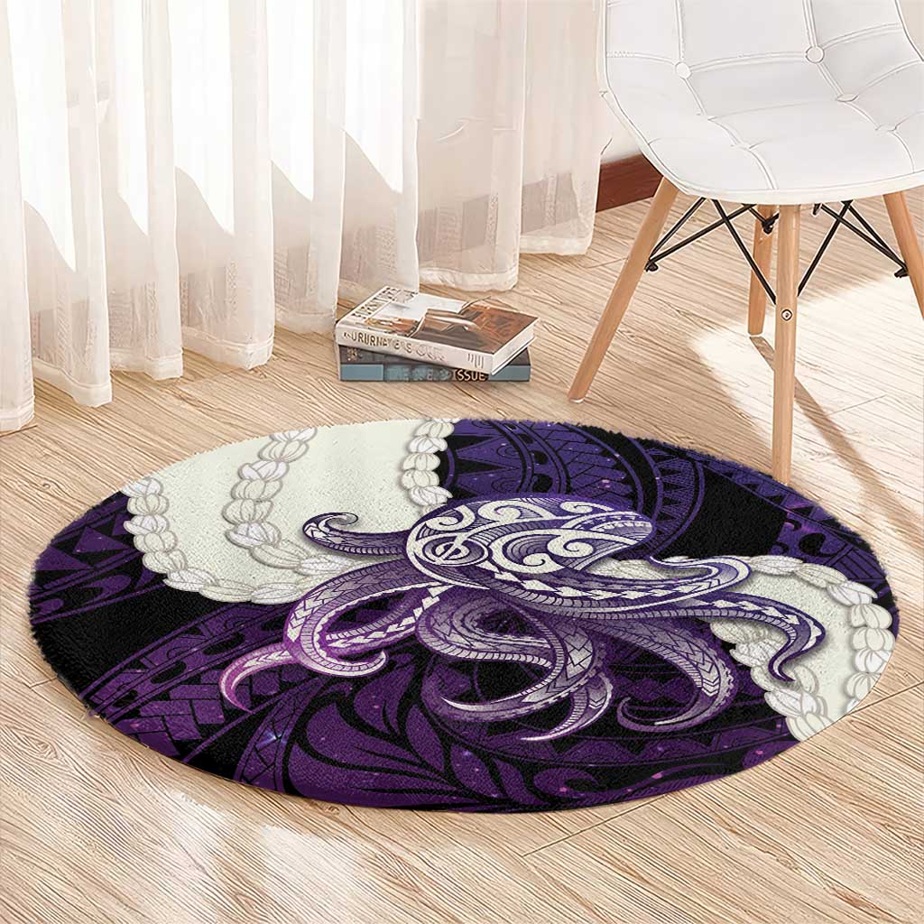 Purple Galaxy Polynesia Tribal Octopus Tattoo Round Carpet Pikake Lei Polynesian Pattern