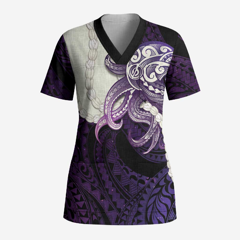 Purple Galaxy Polynesia Tribal Octopus Tattoo Scrub Top Pikake Lei Polynesian Pattern LT14 Adult Purple - Polynesian Pride