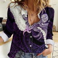 Purple Galaxy Polynesia Tribal Octopus Tattoo Women Casual Shirt Pikake Lei Polynesian Pattern