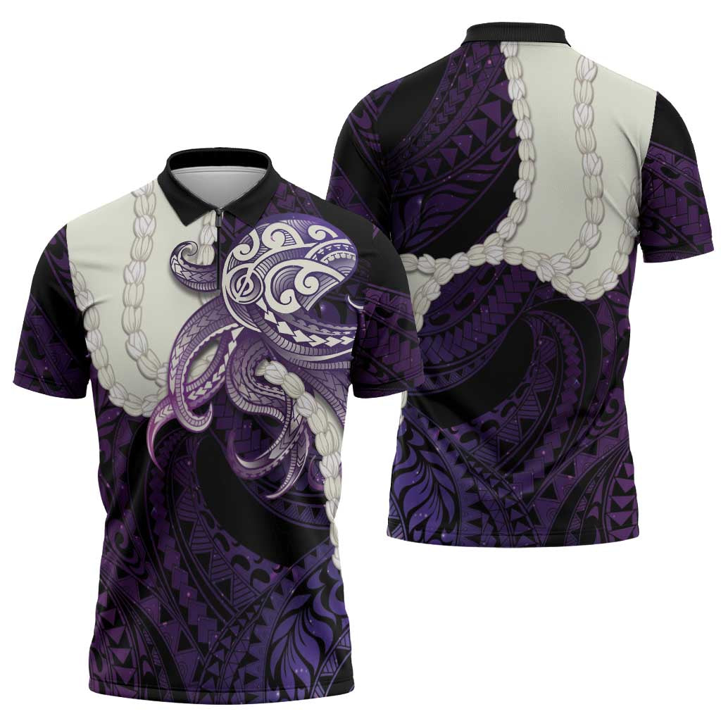 Purple Galaxy Polynesia Tribal Octopus Tattoo Zipper Polo Shirt Pikake Lei Polynesian Pattern LT14 - Polynesian Pride
