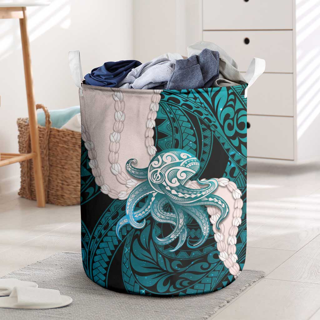 Teal Galaxy Polynesia Tribal Octopus Tattoo Laundry Basket Pikake Lei Polynesian Pattern LT14 Teal - Polynesian Pride