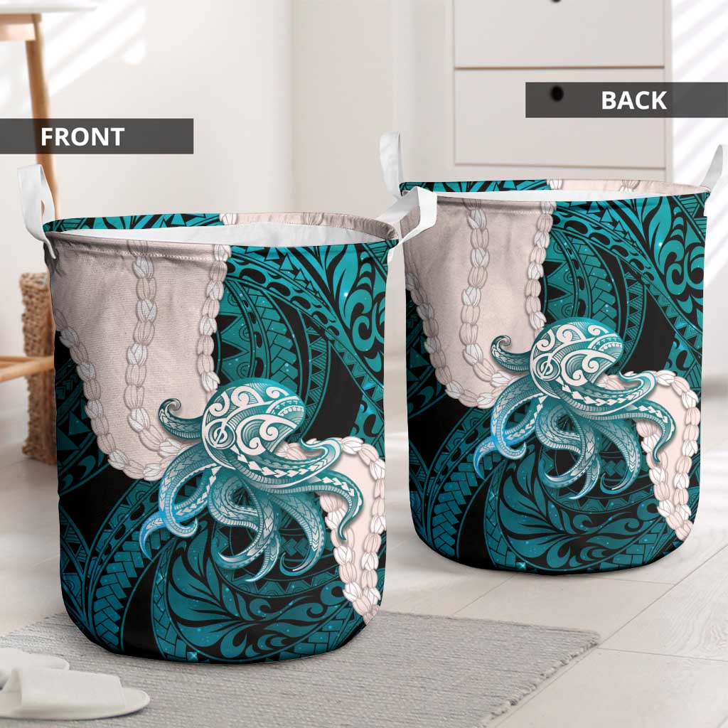 Teal Galaxy Polynesia Tribal Octopus Tattoo Laundry Basket Pikake Lei Polynesian Pattern LT14 - Polynesian Pride