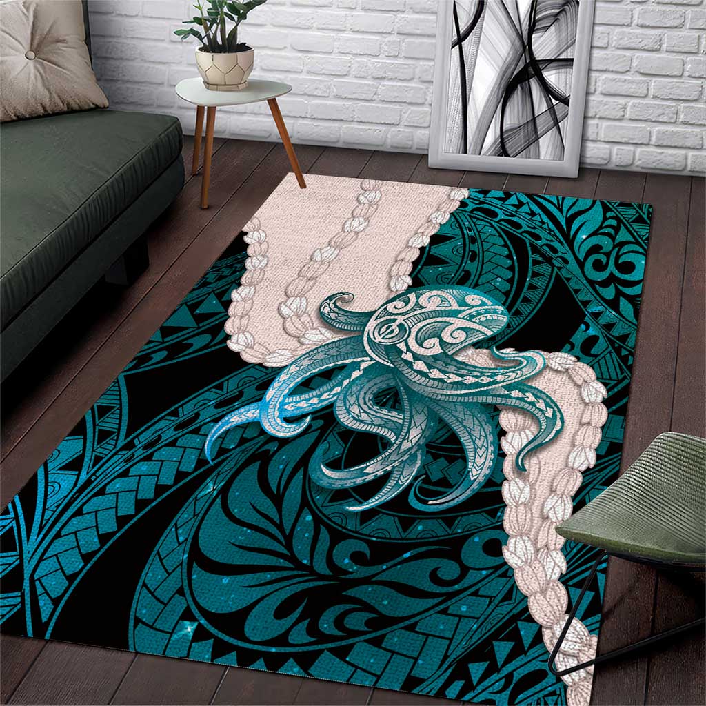 Teal Galaxy Polynesia Tribal Octopus Tattoo Area Rug Pikake Lei Polynesian Pattern
