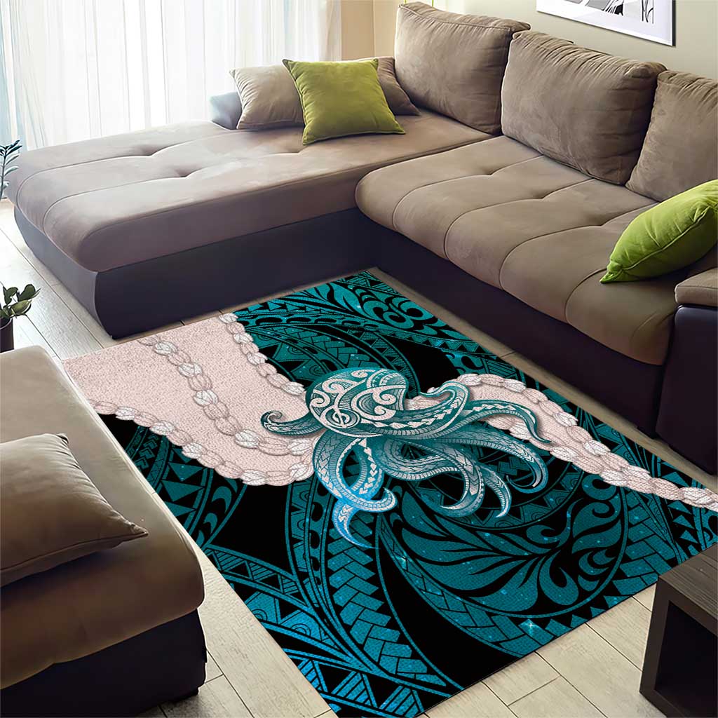 Teal Galaxy Polynesia Tribal Octopus Tattoo Area Rug Pikake Lei Polynesian Pattern