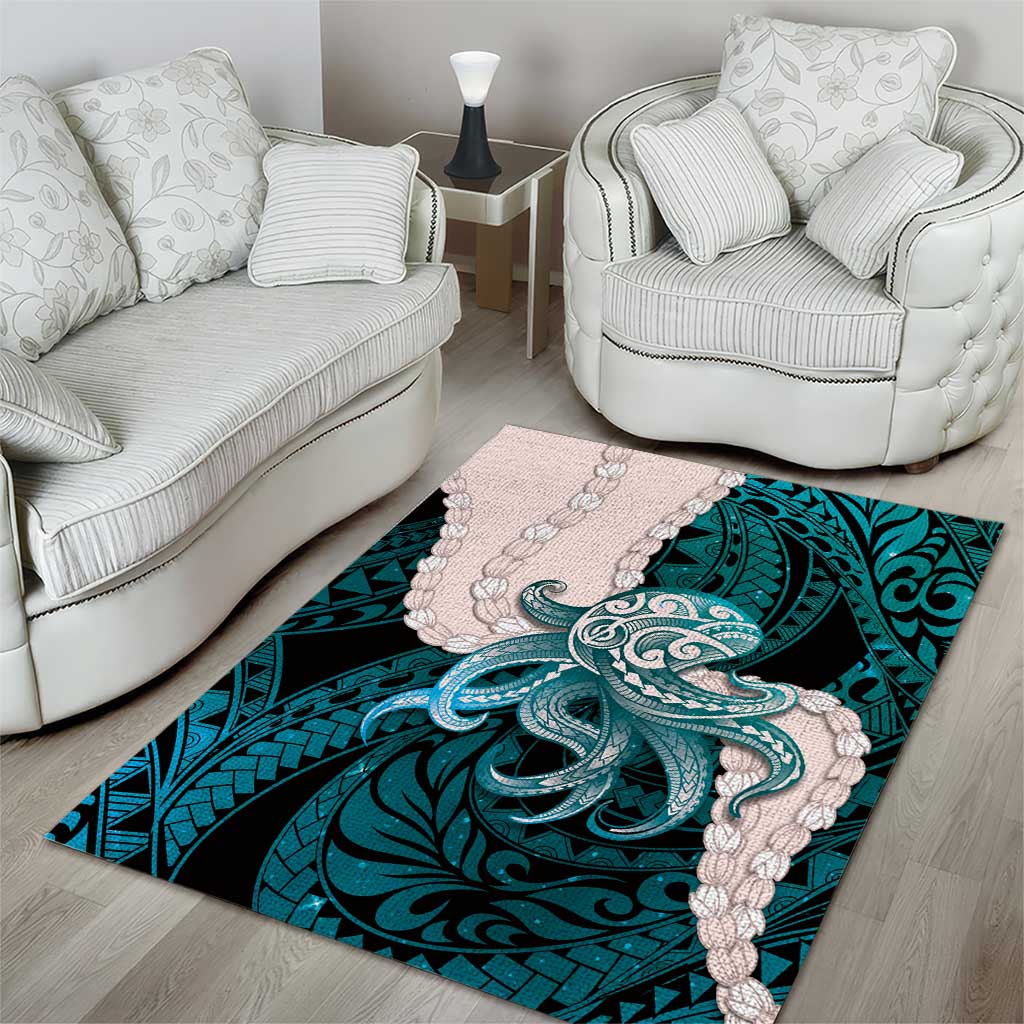 Teal Galaxy Polynesia Tribal Octopus Tattoo Area Rug Pikake Lei Polynesian Pattern