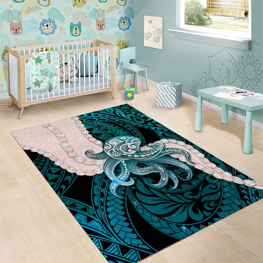 Teal Galaxy Polynesia Tribal Octopus Tattoo Area Rug Pikake Lei Polynesian Pattern