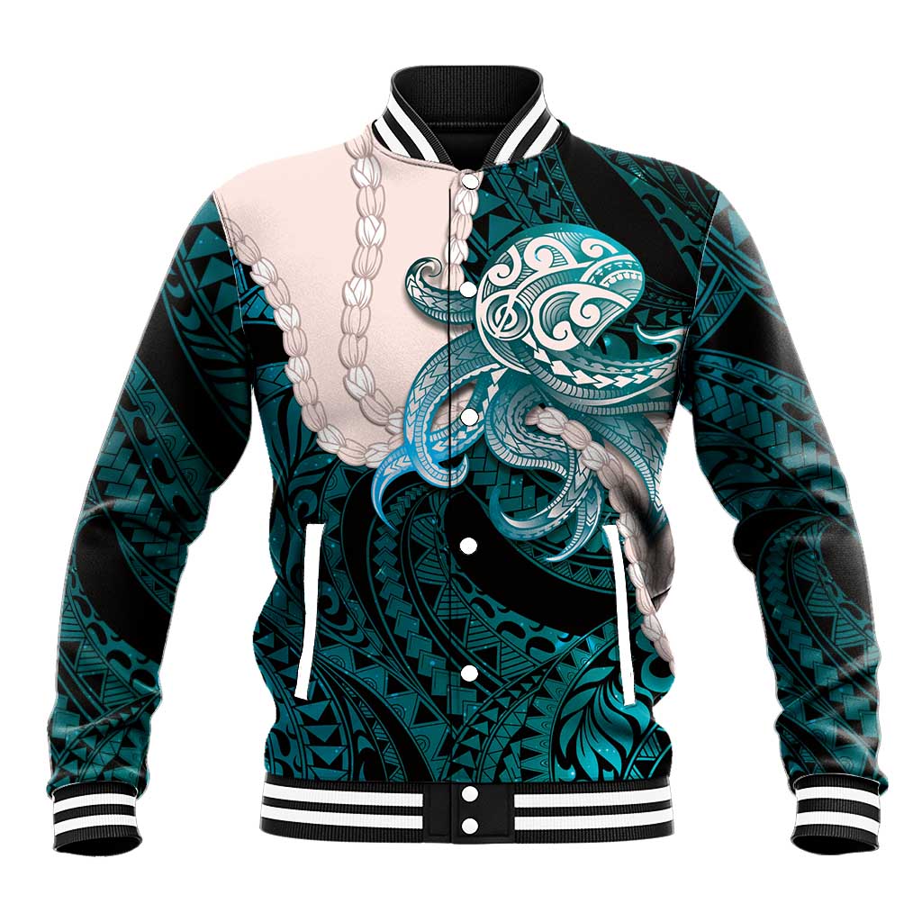 Teal Galaxy Polynesia Tribal Octopus Tattoo Baseball Jacket Pikake Lei Polynesian Pattern LT14 Unisex Teal - Polynesian Pride