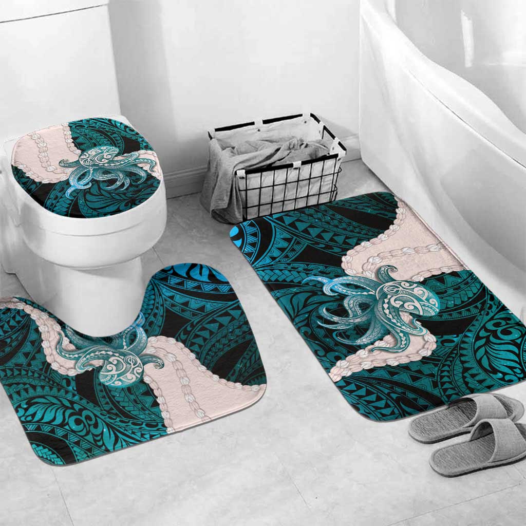 Teal Galaxy Polynesia Tribal Octopus Tattoo Bathroom Set Pikake Lei Polynesian Pattern LT14 Mat Set Only (3 pcs) One Size Teal - Polynesian Pride