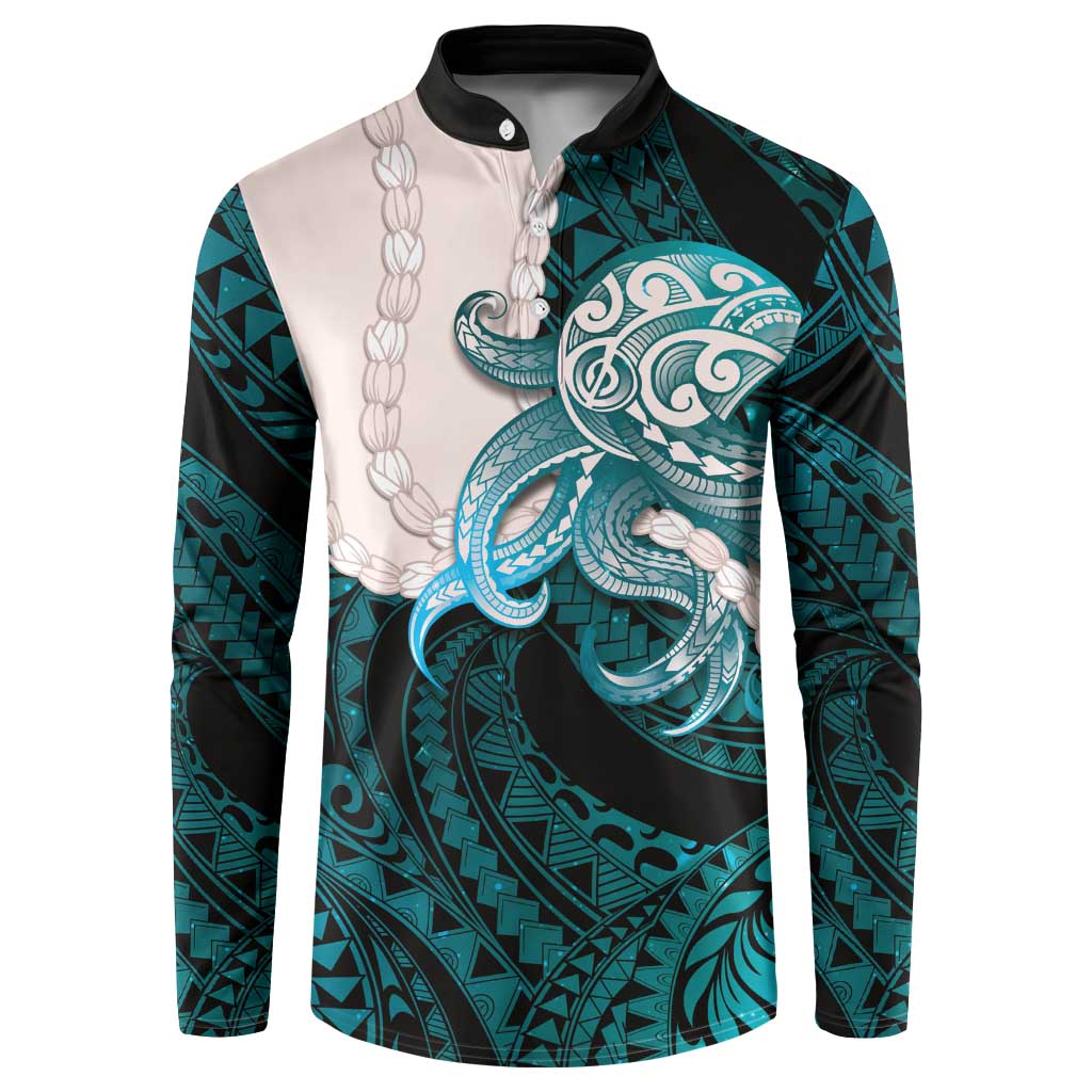 Teal Galaxy Polynesia Tribal Octopus Tattoo Button Sweatshirt Pikake Lei Polynesian Pattern LT14 Teal - Polynesian Pride