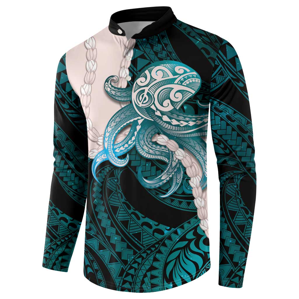 Teal Galaxy Polynesia Tribal Octopus Tattoo Button Sweatshirt Pikake Lei Polynesian Pattern LT14 - Polynesian Pride