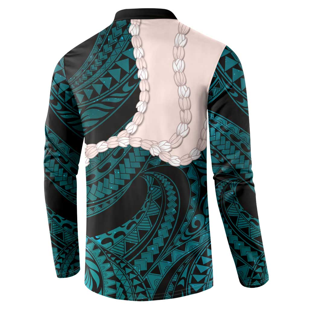 Teal Galaxy Polynesia Tribal Octopus Tattoo Button Sweatshirt Pikake Lei Polynesian Pattern LT14 - Polynesian Pride