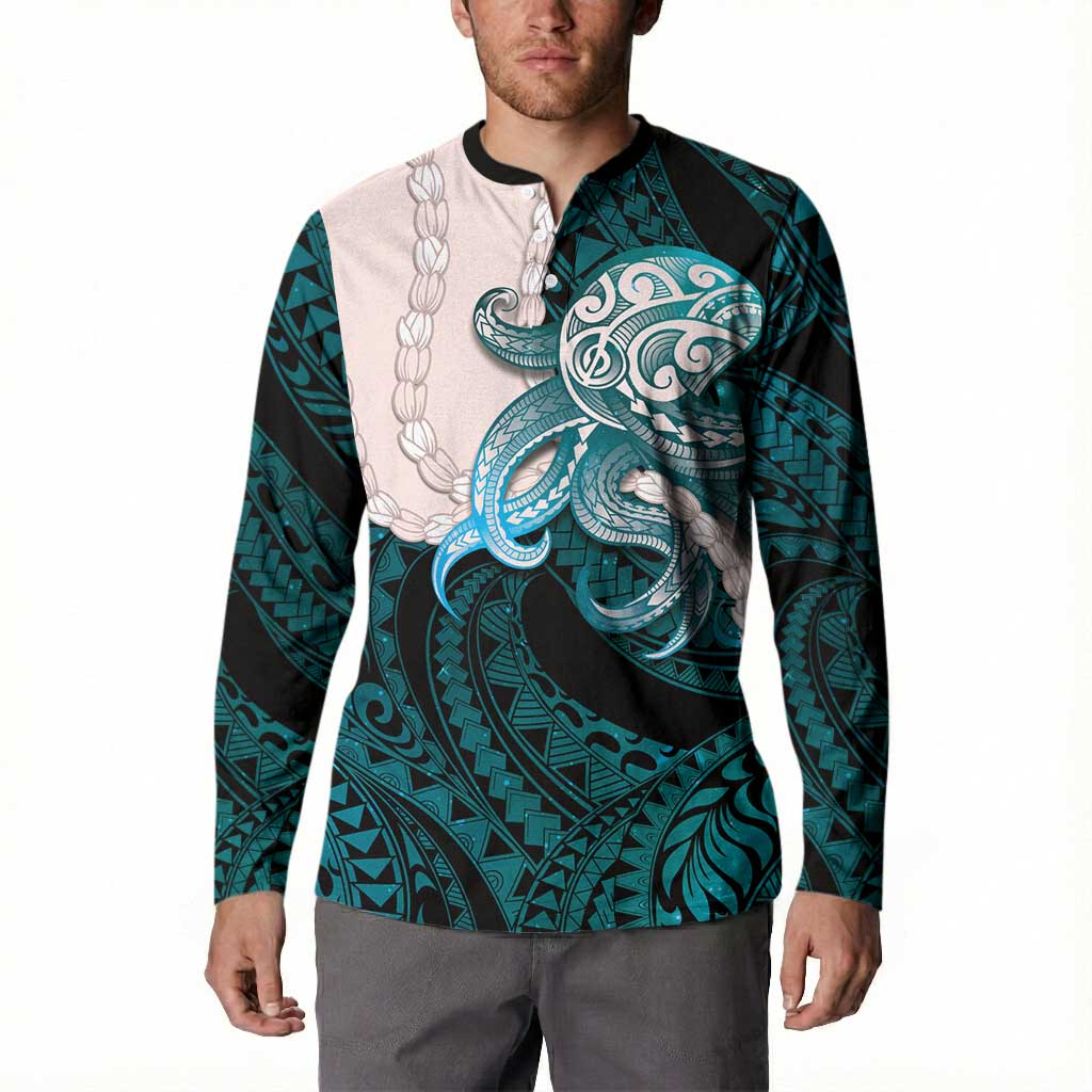 Teal Galaxy Polynesia Tribal Octopus Tattoo Button Sweatshirt Pikake Lei Polynesian Pattern LT14 - Polynesian Pride