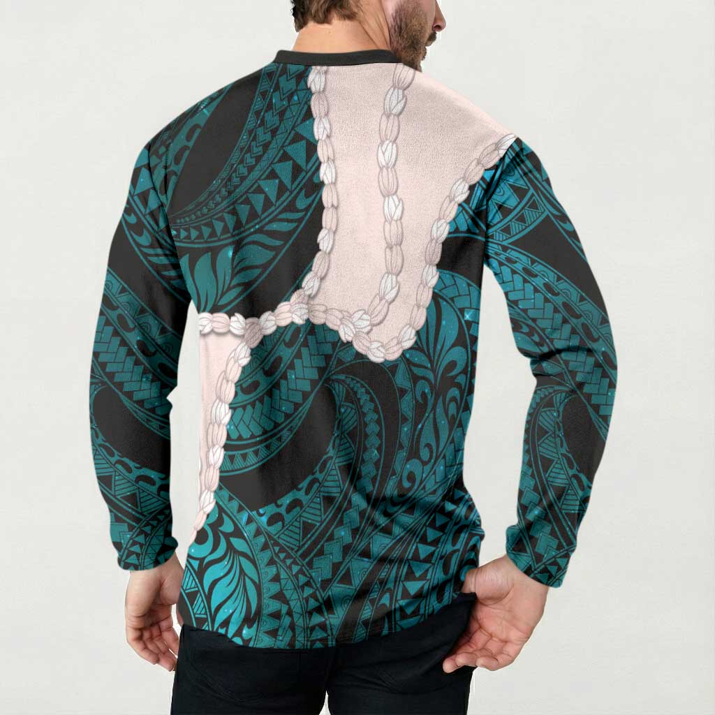 Teal Galaxy Polynesia Tribal Octopus Tattoo Button Sweatshirt Pikake Lei Polynesian Pattern LT14 - Polynesian Pride