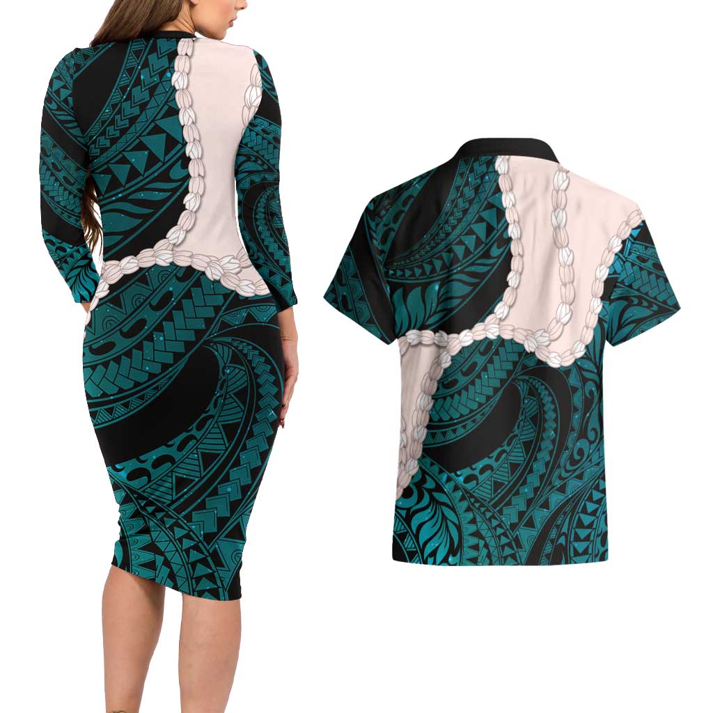 Teal Galaxy Polynesia Tribal Octopus Tattoo Couples Matching Long Sleeve Bodycon Dress and Hawaiian Shirt Pikake Lei Polynesian Pattern LT14 - Polynesian Pride
