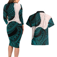 Teal Galaxy Polynesia Tribal Octopus Tattoo Couples Matching Long Sleeve Bodycon Dress and Hawaiian Shirt Pikake Lei Polynesian Pattern LT14 - Polynesian Pride