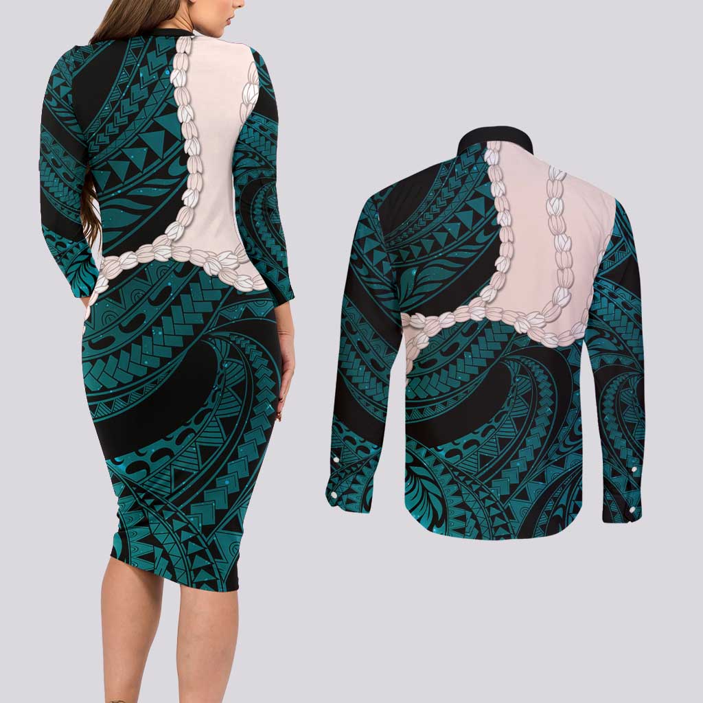 Teal Galaxy Polynesia Tribal Octopus Tattoo Couples Matching Long Sleeve Bodycon Dress and Long Sleeve Button Shirt Pikake Lei Polynesian Pattern