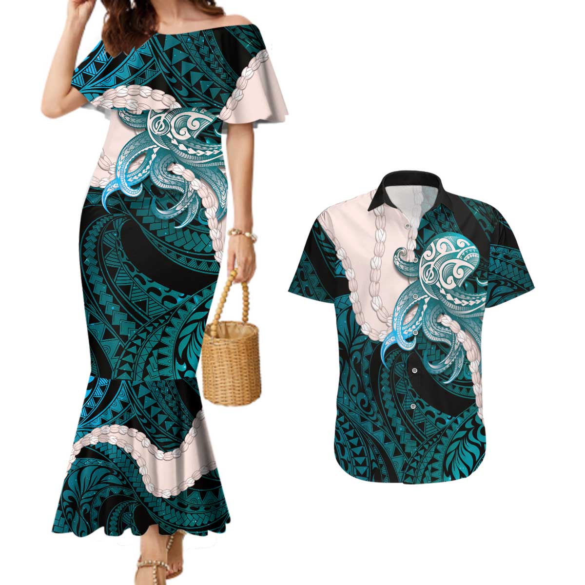 Teal Galaxy Polynesia Tribal Octopus Tattoo Couples Matching Mermaid Dress and Hawaiian Shirt Pikake Lei Polynesian Pattern LT14 Teal - Polynesian Pride
