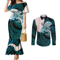 Teal Galaxy Polynesia Tribal Octopus Tattoo Couples Matching Mermaid Dress and Long Sleeve Button Shirt Pikake Lei Polynesian Pattern LT14 Teal - Polynesian Pride