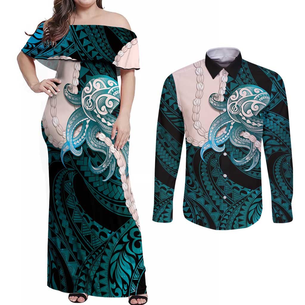 Teal Galaxy Polynesia Tribal Octopus Tattoo Couples Matching Off Shoulder Maxi Dress and Long Sleeve Button Shirt Pikake Lei Polynesian Pattern LT14 Teal - Polynesian Pride