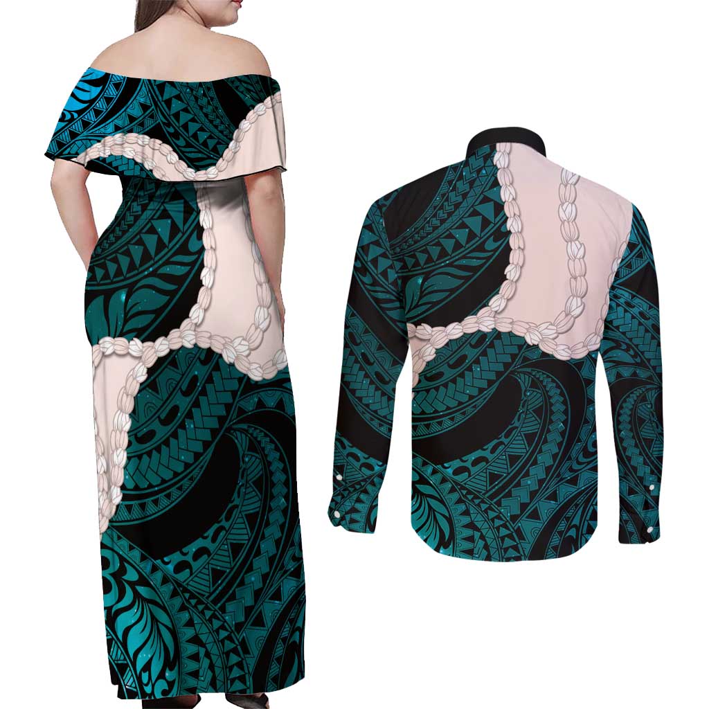 Teal Galaxy Polynesia Tribal Octopus Tattoo Couples Matching Off Shoulder Maxi Dress and Long Sleeve Button Shirt Pikake Lei Polynesian Pattern LT14 - Polynesian Pride