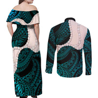 Teal Galaxy Polynesia Tribal Octopus Tattoo Couples Matching Off Shoulder Maxi Dress and Long Sleeve Button Shirt Pikake Lei Polynesian Pattern LT14 - Polynesian Pride
