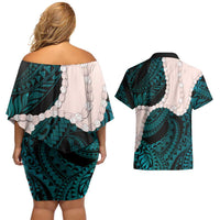 Teal Galaxy Polynesia Tribal Octopus Tattoo Couples Matching Off Shoulder Short Dress and Hawaiian Shirt Pikake Lei Polynesian Pattern LT14 - Polynesian Pride