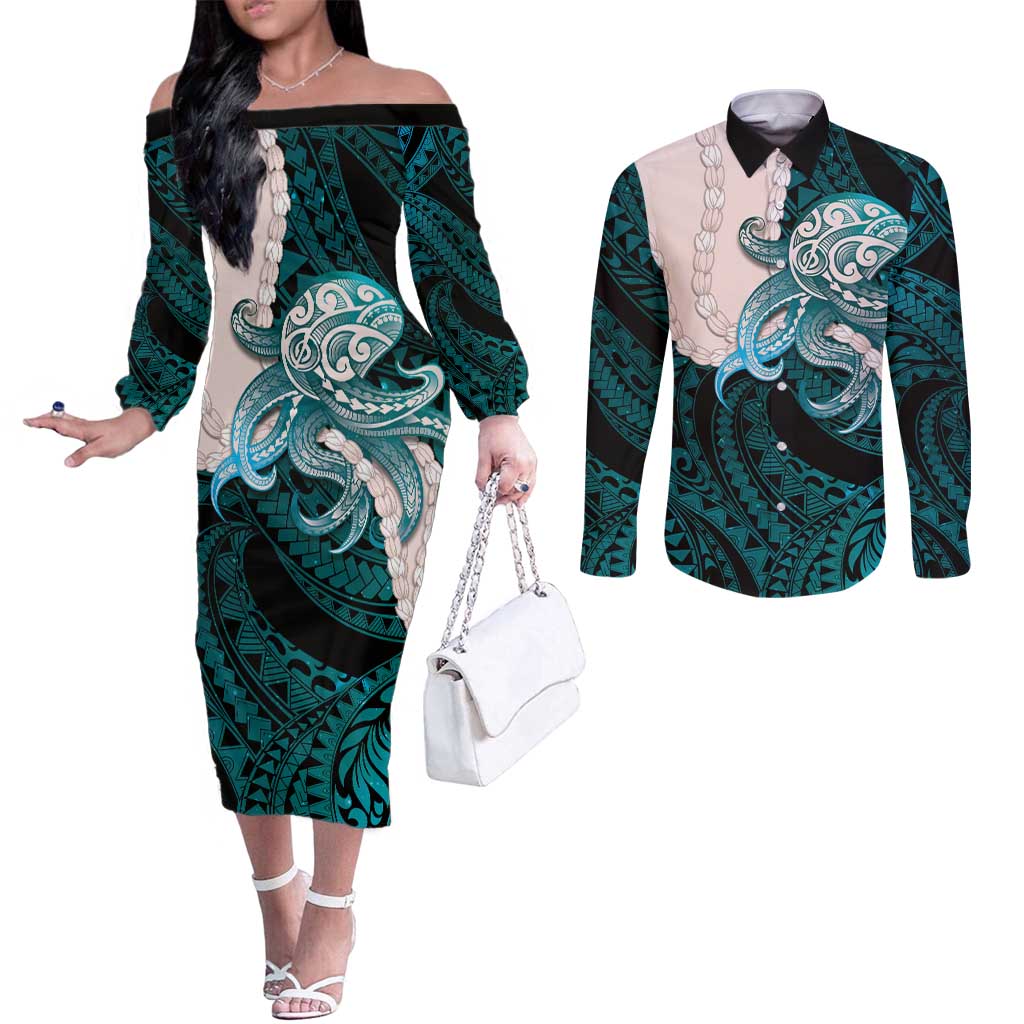 Teal Galaxy Polynesia Tribal Octopus Tattoo Couples Matching Off The Shoulder Long Sleeve Dress and Long Sleeve Button Shirt Pikake Lei Polynesian Pattern LT14 Teal - Polynesian Pride