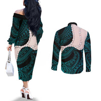 Teal Galaxy Polynesia Tribal Octopus Tattoo Couples Matching Off The Shoulder Long Sleeve Dress and Long Sleeve Button Shirt Pikake Lei Polynesian Pattern LT14 - Polynesian Pride